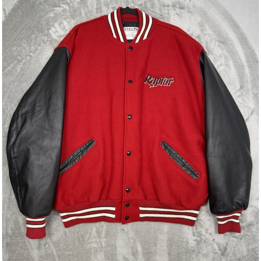 Vintage Delong Toronto Raptors Varsity‎ Bomber Jacket Mens 2XL Red Wool Leather